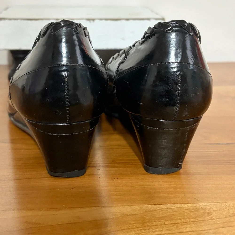 Van Eli Womens Brown Black Wedge Pumps Square Toe Bow Whipstitch Size 8.5 N